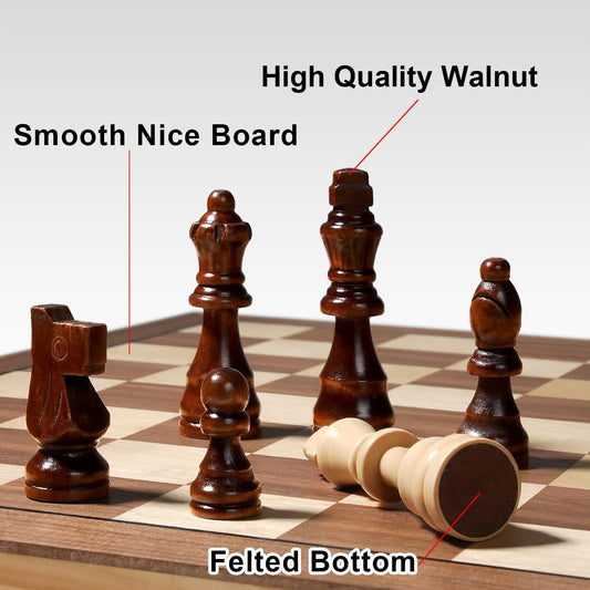 Chess Set Board Games for Adults: Handmade Walnut Wooden 11" 2 Extra Queens Folding Portable Travel Gift Idea Pieces Storage Bags Instructions