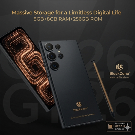 BLACKZONE GT 26 ULTRA – 16GB RAM + 256GB ROM | 6.6" HD+ Display | Android 14 | 200MP Rear + 16MP Front Camera | 5000mAh Battery | Face ID Unlock | Dual SIM Smartphone