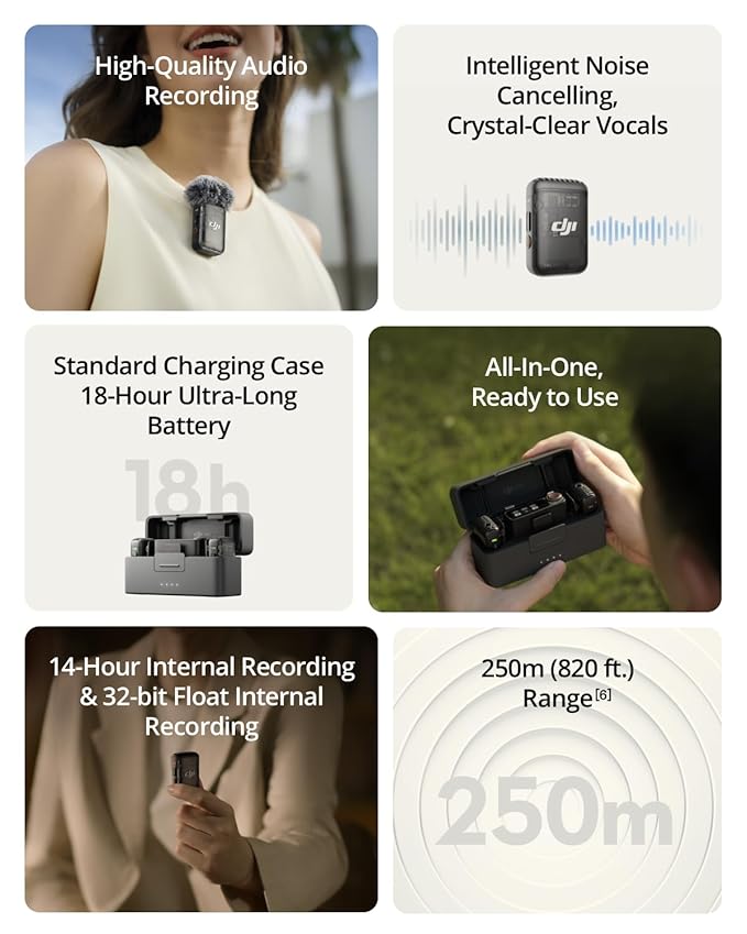 DJI MIC 2 (2 TX + 1 RX + Charging Case), All-in-One Wireless Microphones, Intelligent Noise Cancelling, 32-Bit Float Internal Recording, 250M (820 Ft.) Range, Microphone for iPhone, Android, Camera