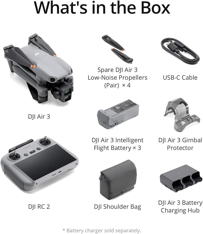 DJI Air 3 Fly More Combo with DJI RC 2, Drone with Camera 4K, Dual Primary Cameras, 3 Batteries for Extended Flight Time, 48MP Photo, 20Km Max Video Transmission, FAA Remote ID Compliant