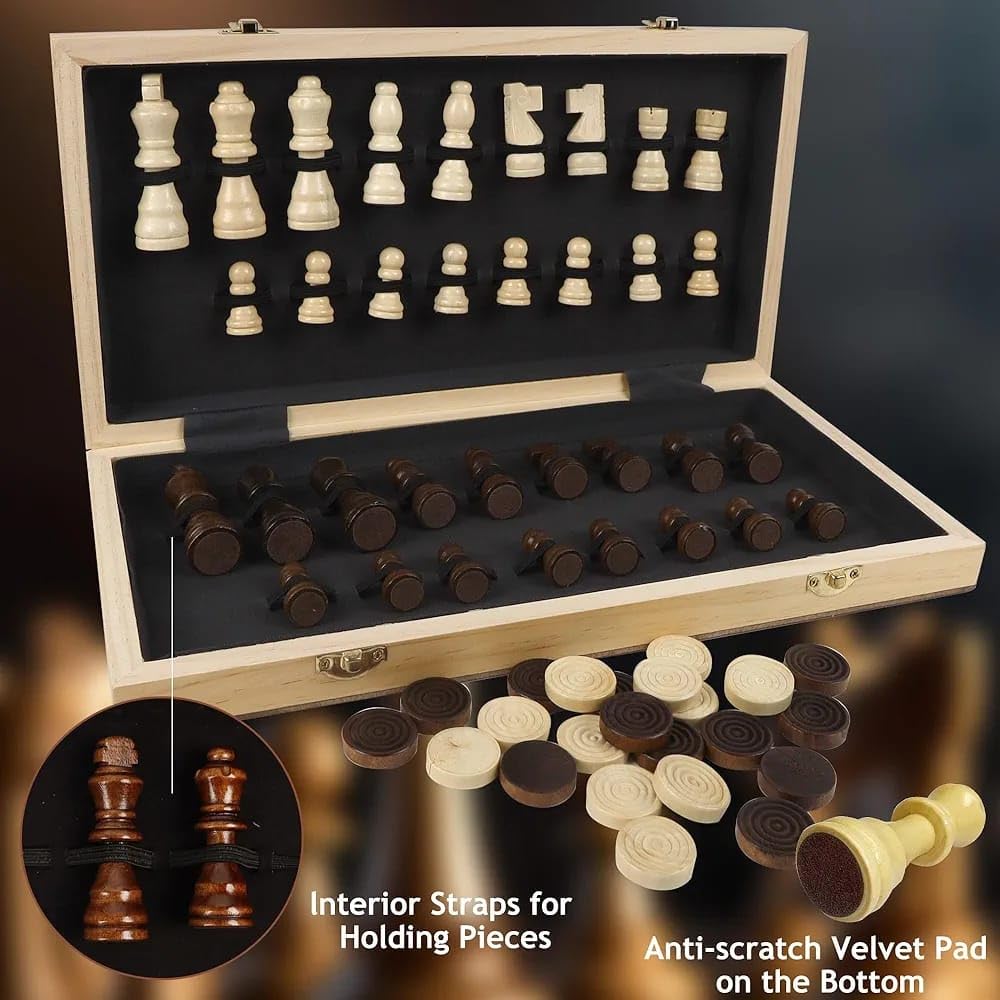 Chess Set Board Games for Adults: Handmade Walnut Wooden 11" 2 Extra Queens Folding Portable Travel Gift Idea Pieces Storage Bags Instructions