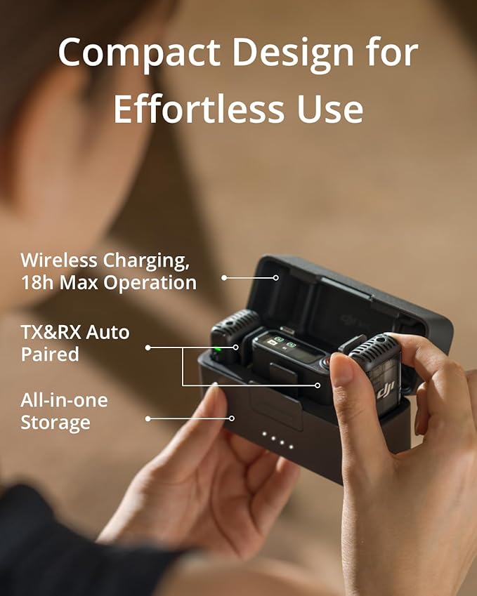 DJI MIC 2 (2 TX + 1 RX + Charging Case), All-in-One Wireless Microphones, Intelligent Noise Cancelling, 32-Bit Float Internal Recording, 250M (820 Ft.) Range, Microphone for iPhone, Android, Camera