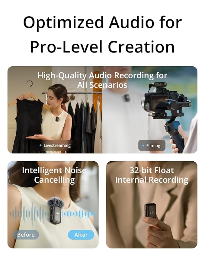 DJI MIC 2 (2 TX + 1 RX + Charging Case), All-in-One Wireless Microphones, Intelligent Noise Cancelling, 32-Bit Float Internal Recording, 250M (820 Ft.) Range, Microphone for iPhone, Android, Camera