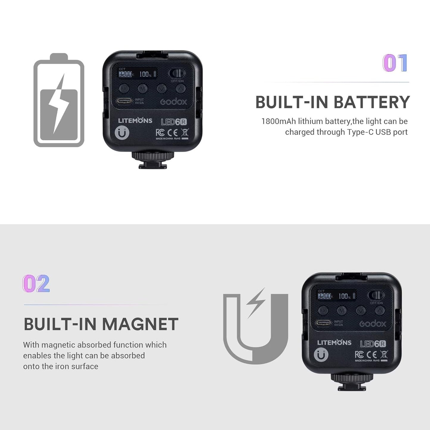 GODOX LITEMONS LED6R RGB LED Video Light, 1800mAh Rechargeable Video Light with 3200k-6500k Color Range CRI 95, 13 FX-Light Effects, HSI Mode, Magnet Design Youtuber Livestreaming Accessories