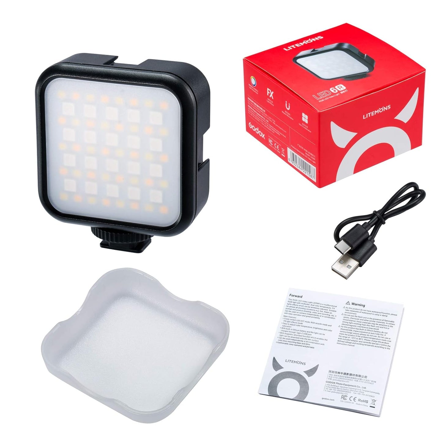 GODOX LITEMONS LED6R RGB LED Video Light, 1800mAh Rechargeable Video Light with 3200k-6500k Color Range CRI 95, 13 FX-Light Effects, HSI Mode, Magnet Design Youtuber Livestreaming Accessories