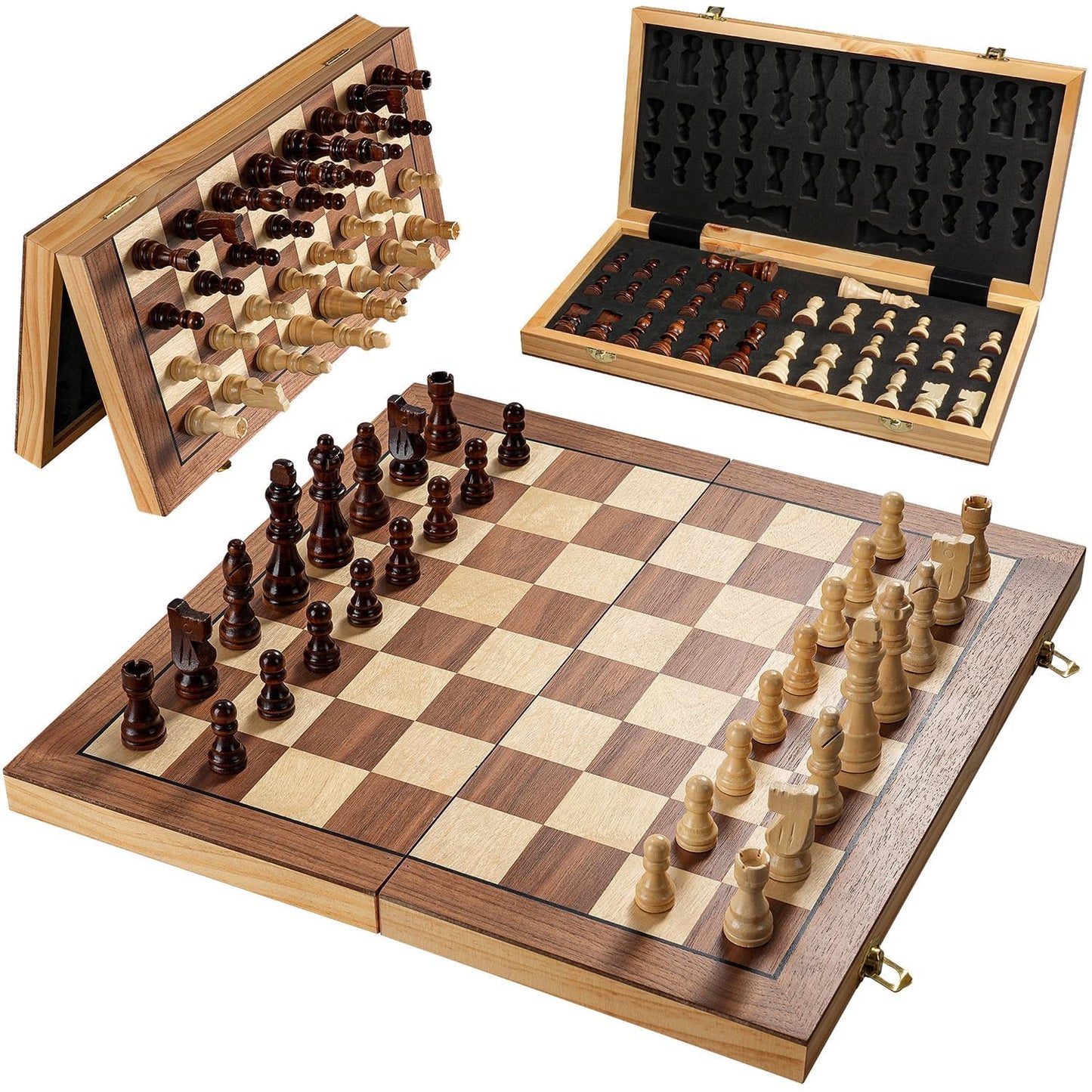 Chess Set Board Games for Adults: Handmade Walnut Wooden 11" 2 Extra Queens Folding Portable Travel Gift Idea Pieces Storage Bags Instructions